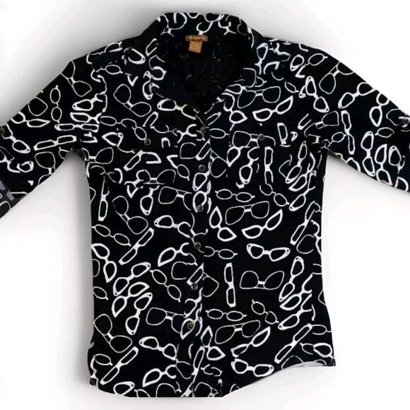 Copper Key Girls Size Small Button Down Black Shirt Glasses AOP Fast Shipping - Picture 1 of 13